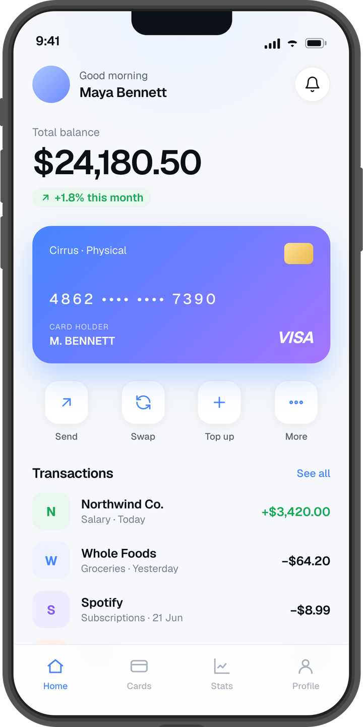 The Cirrus app on iPhone — balance, card and recent transactions